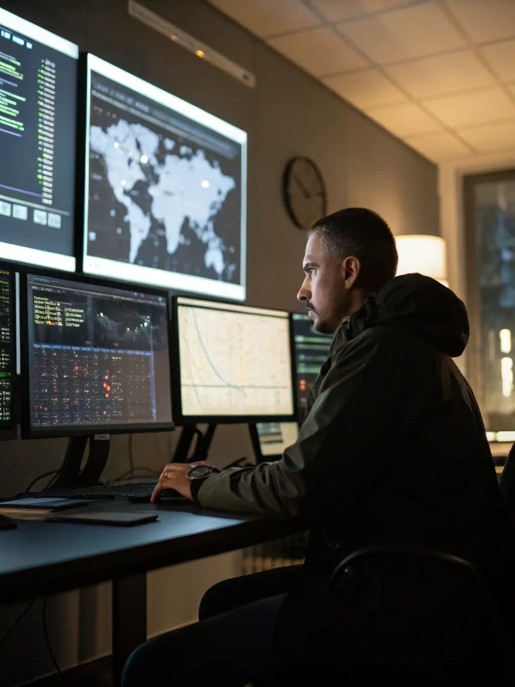 A network security engineer analyzing network traffic on a monitor, highlighting Consulsystem's network security expertise.