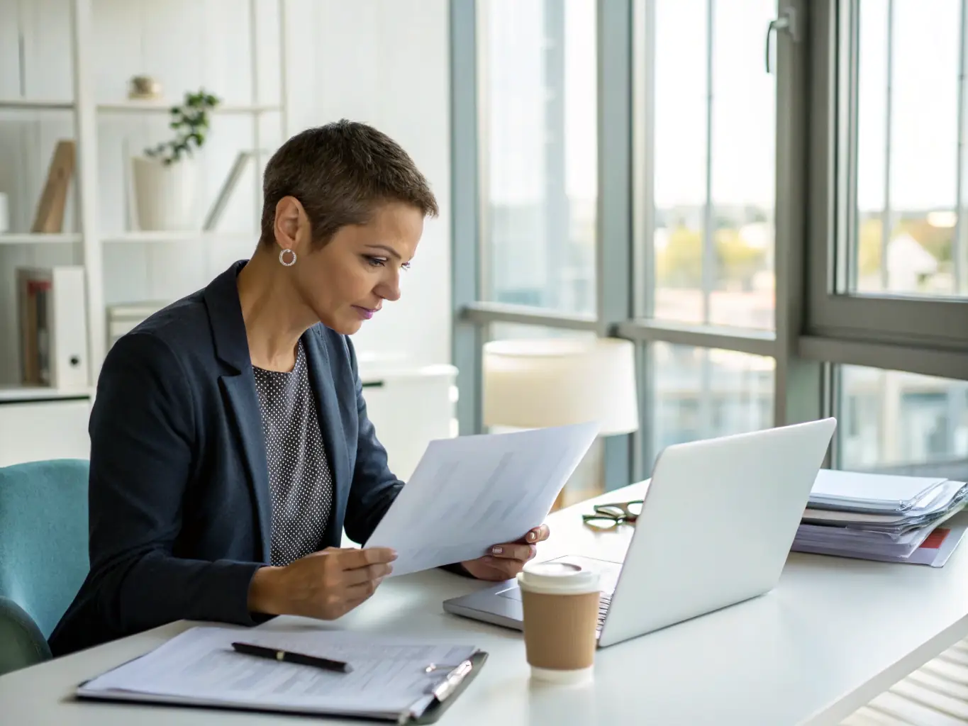 A professional consultant reviewing GDPR compliance documents in a modern office setting, emphasizing attention to detail and regulatory expertise.