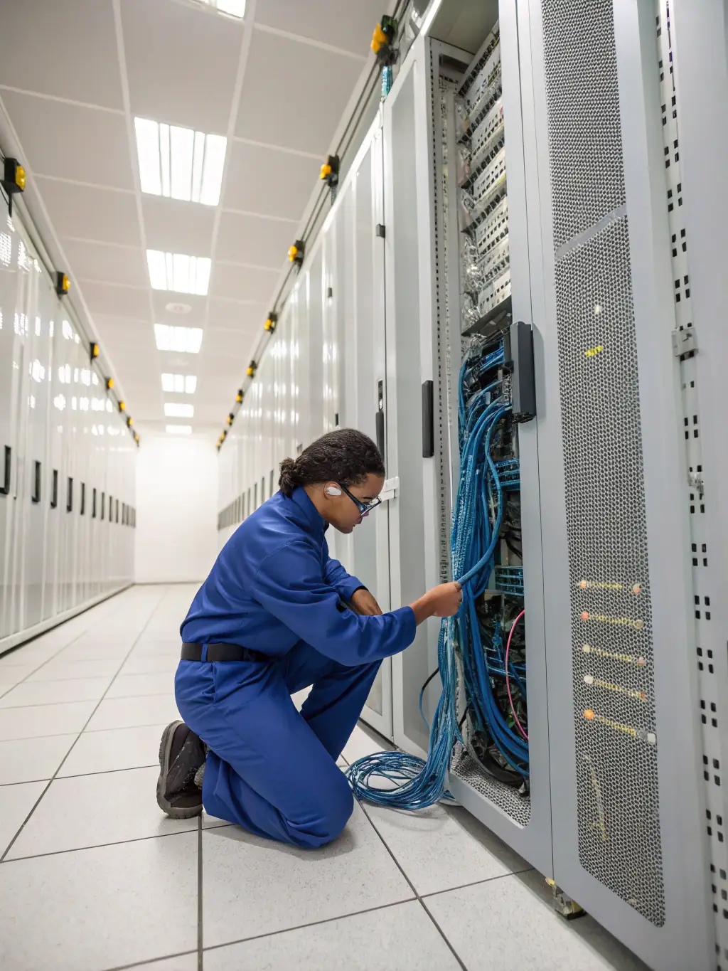 A technician configuring network devices in a server room, illustrating the implementation services offered by Consulsystem.