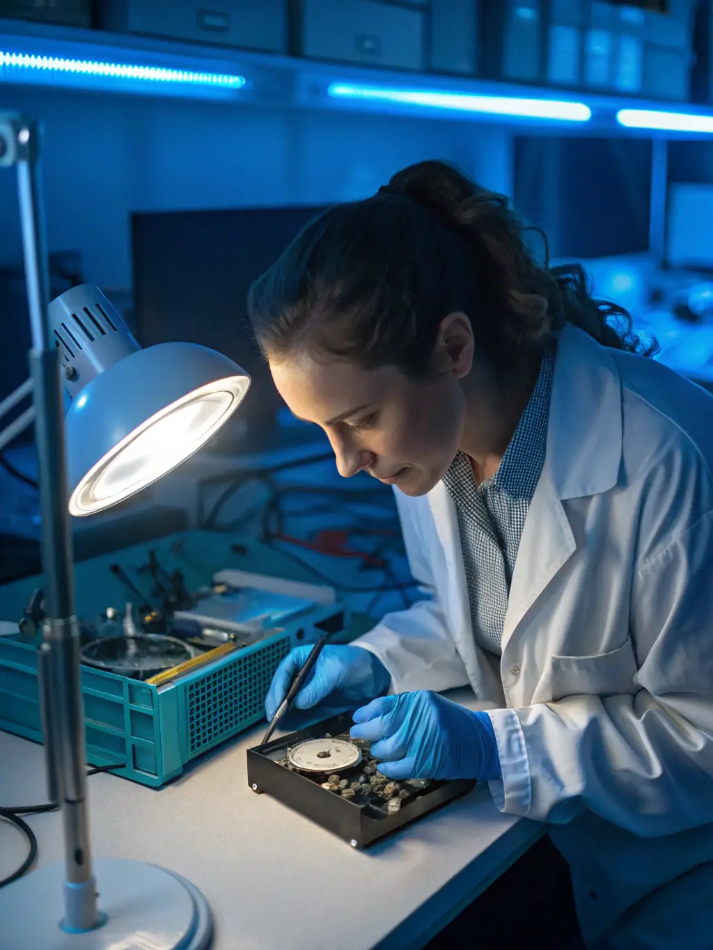 A digital forensics specialist examining a hard drive to recover evidence and investigate a cybercrime incident.
