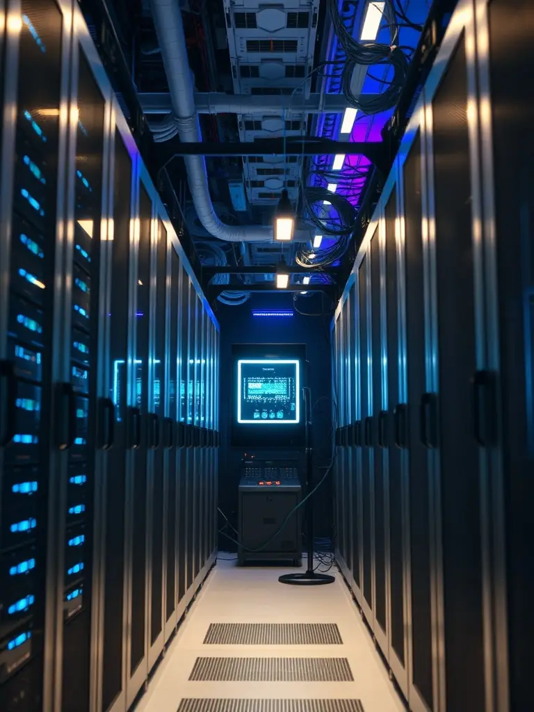 A cloud data center with multiple servers and a network interface, symbolizing cloud-based IT solutions provided by Consulsystem.